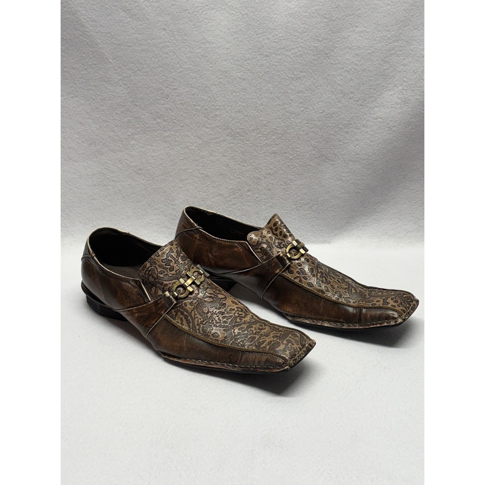 Paolo Giardini Mens Brown Leather Etched Floral Square Toe Bit Loafers Size 12